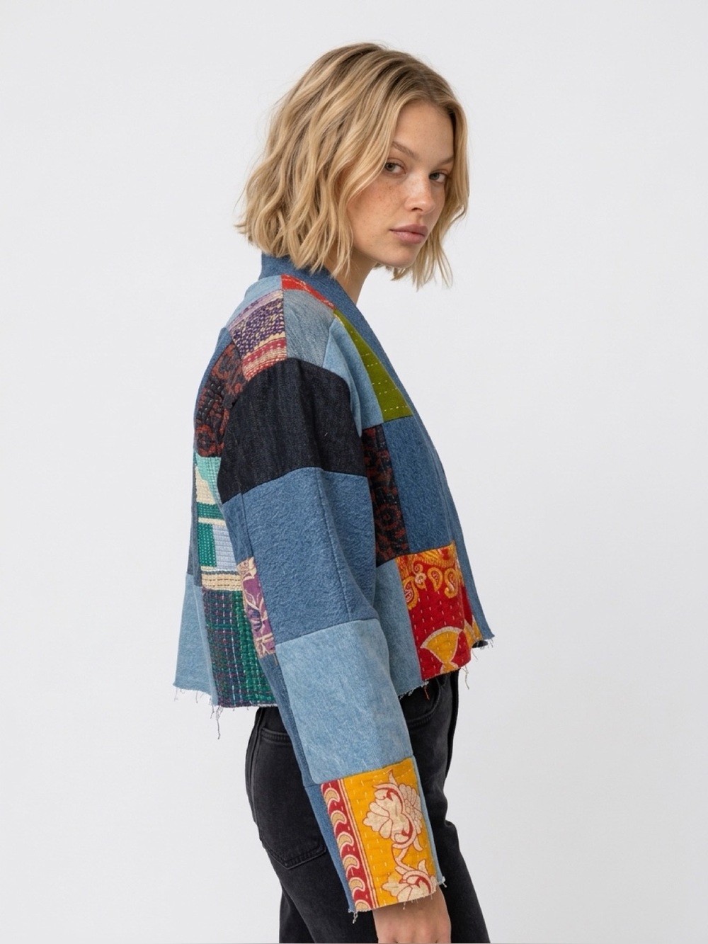 Tricia Fix Handmade Blue Patchwork Open-Front Cardigan